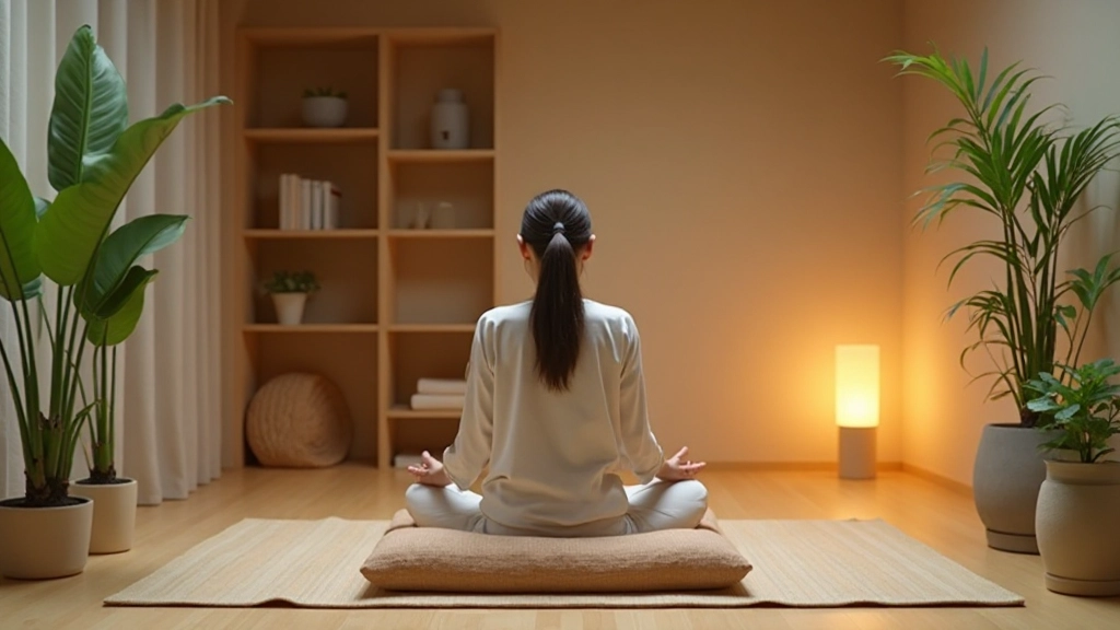 Complete meditation room setup with meditation cushion, plants, soft lighting, and minimal furnishings creating peaceful environment