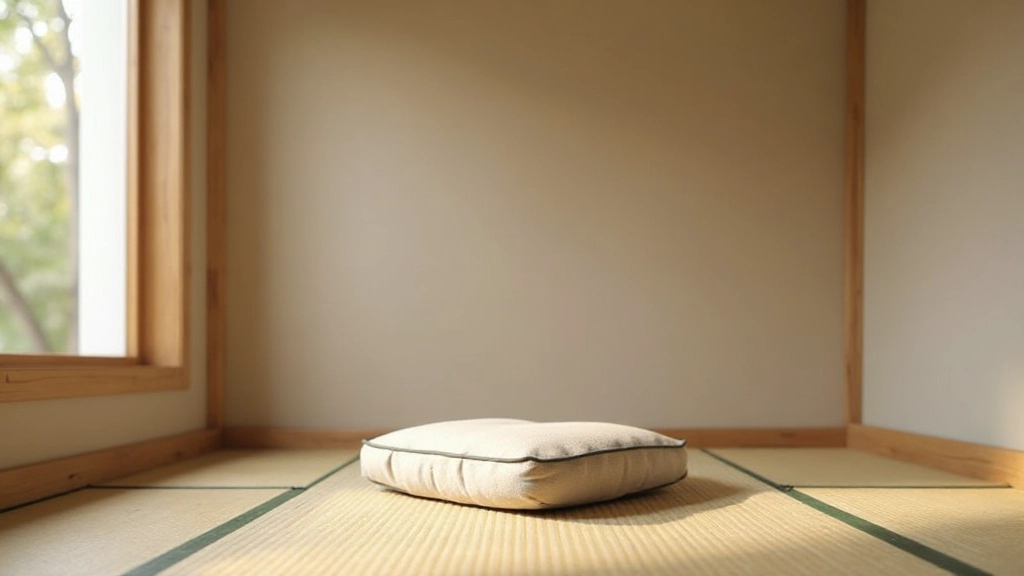 Meditation corner with single cushion, soft natural light from window, plain wall