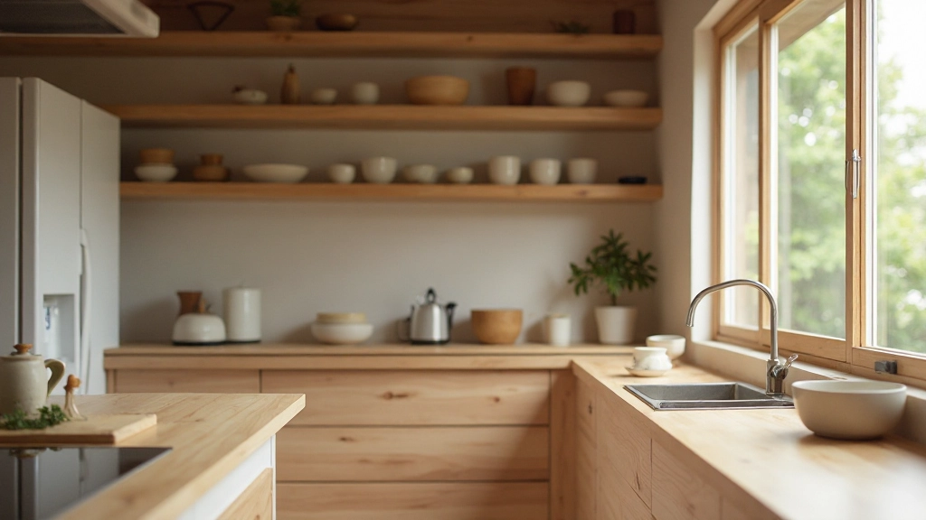 Modern kitchen with natural materials, wooden countertops, and organized storage spaces