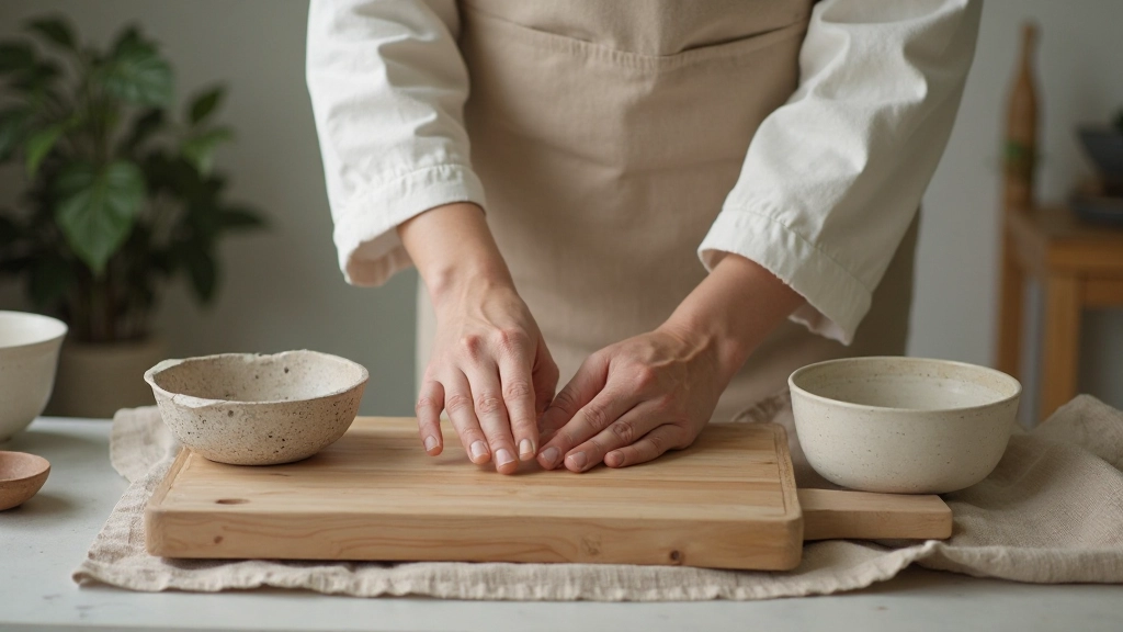 Overhead view of artfully arranged kitchen items: wooden cutting board, ceramic bowls, stone mortar and pestle on natural linen cloth