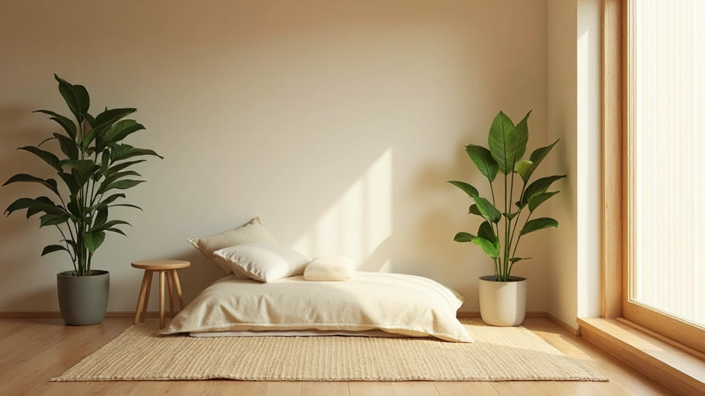 Zen meditation corner with natural materials, soft cushion, and plants in peaceful setting