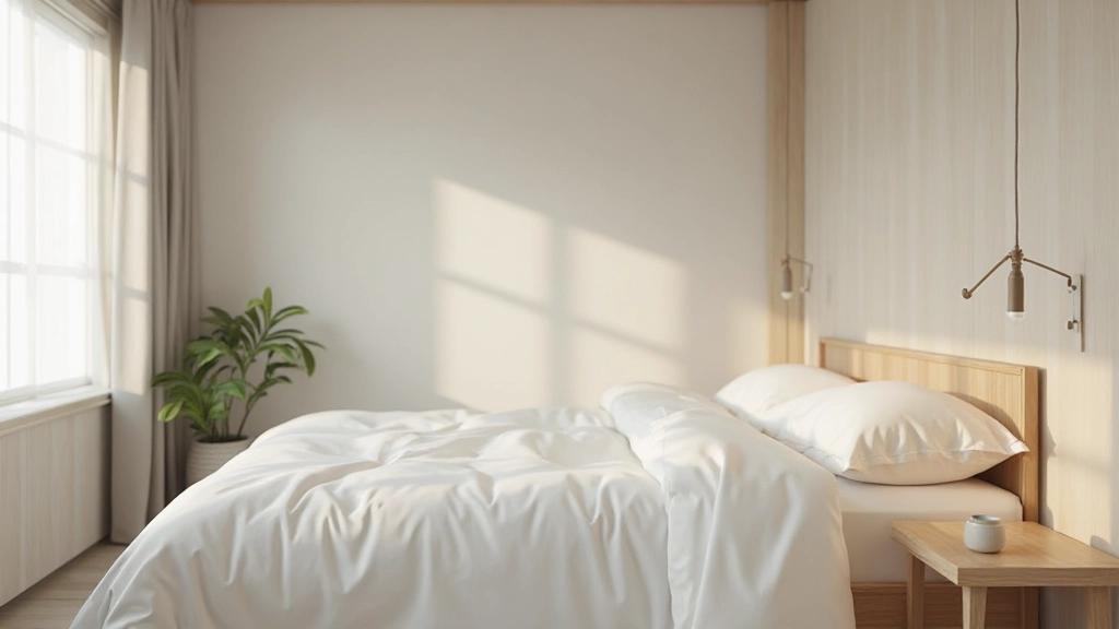 Minimalist bedroom featuring neutral color palette with warm whites and soft grays, natural light, clean lines, and simple wooden furniture