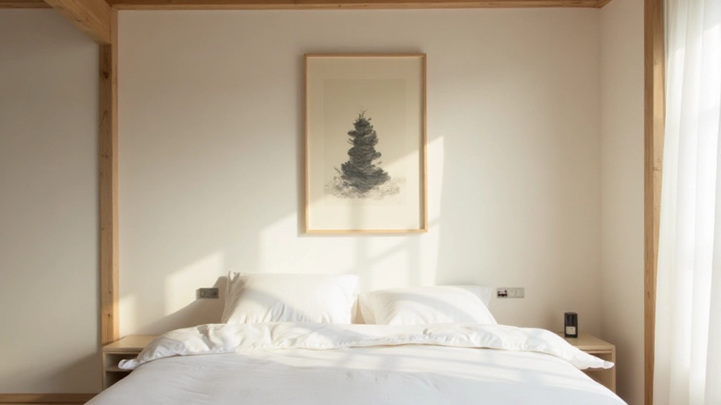 Minimalist bedroom with neutral tones, single piece of artwork, soft morning light
